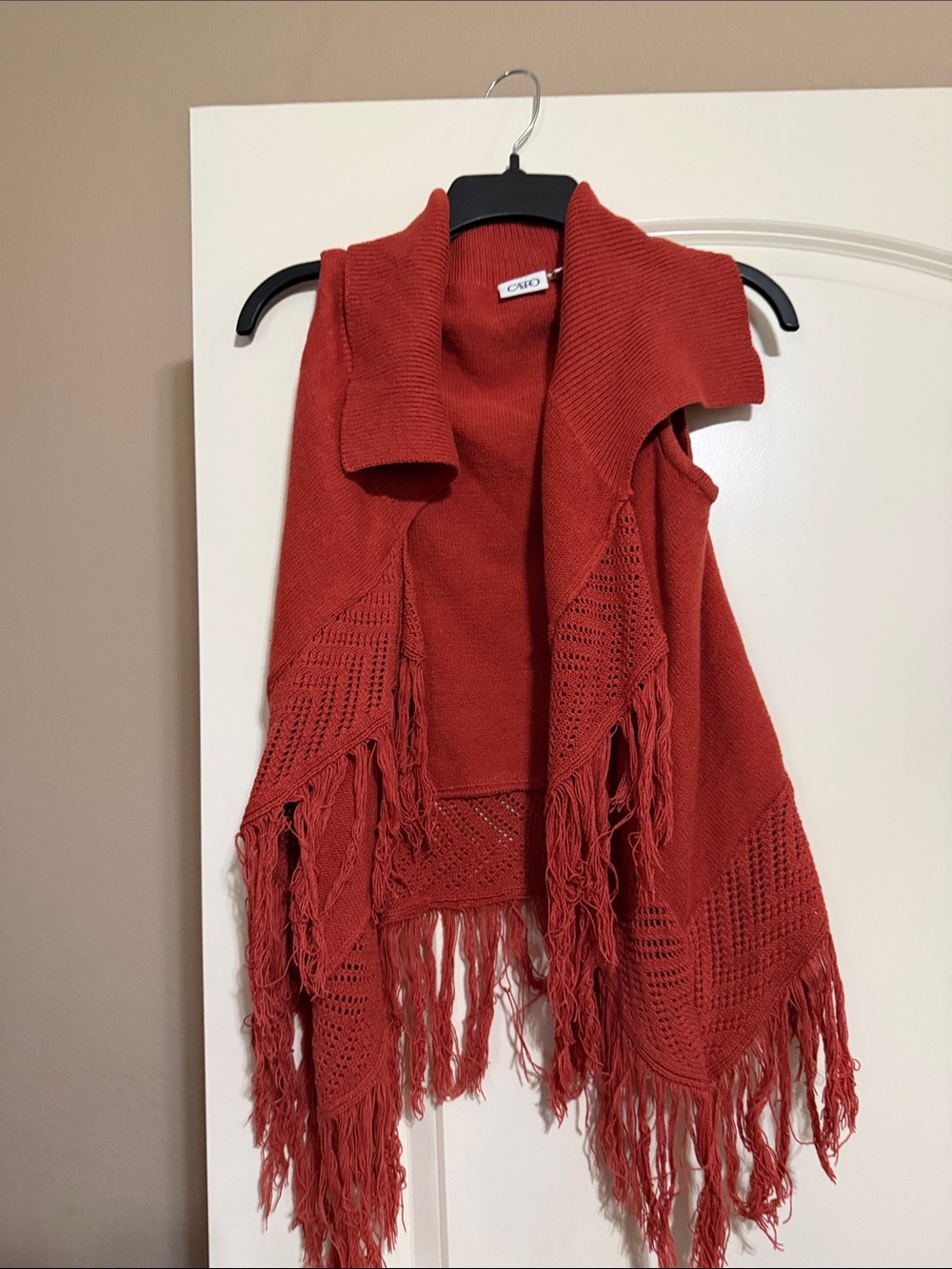 Cato Burnt Orange Open-Front Fringe Knit Vest